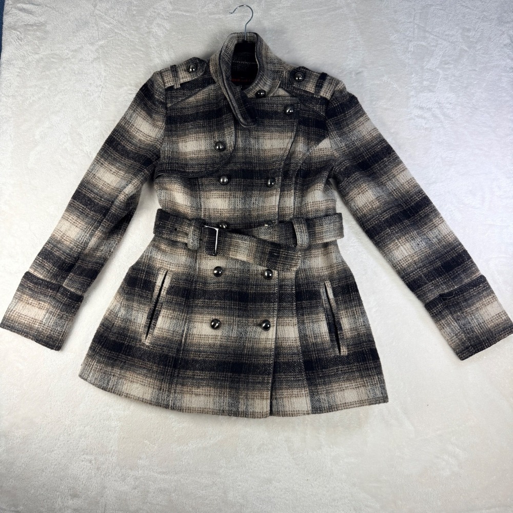 Miss Sixty M60 Plaid Wool Blend Double Breasted Belted Pleated Coat Grey Black M